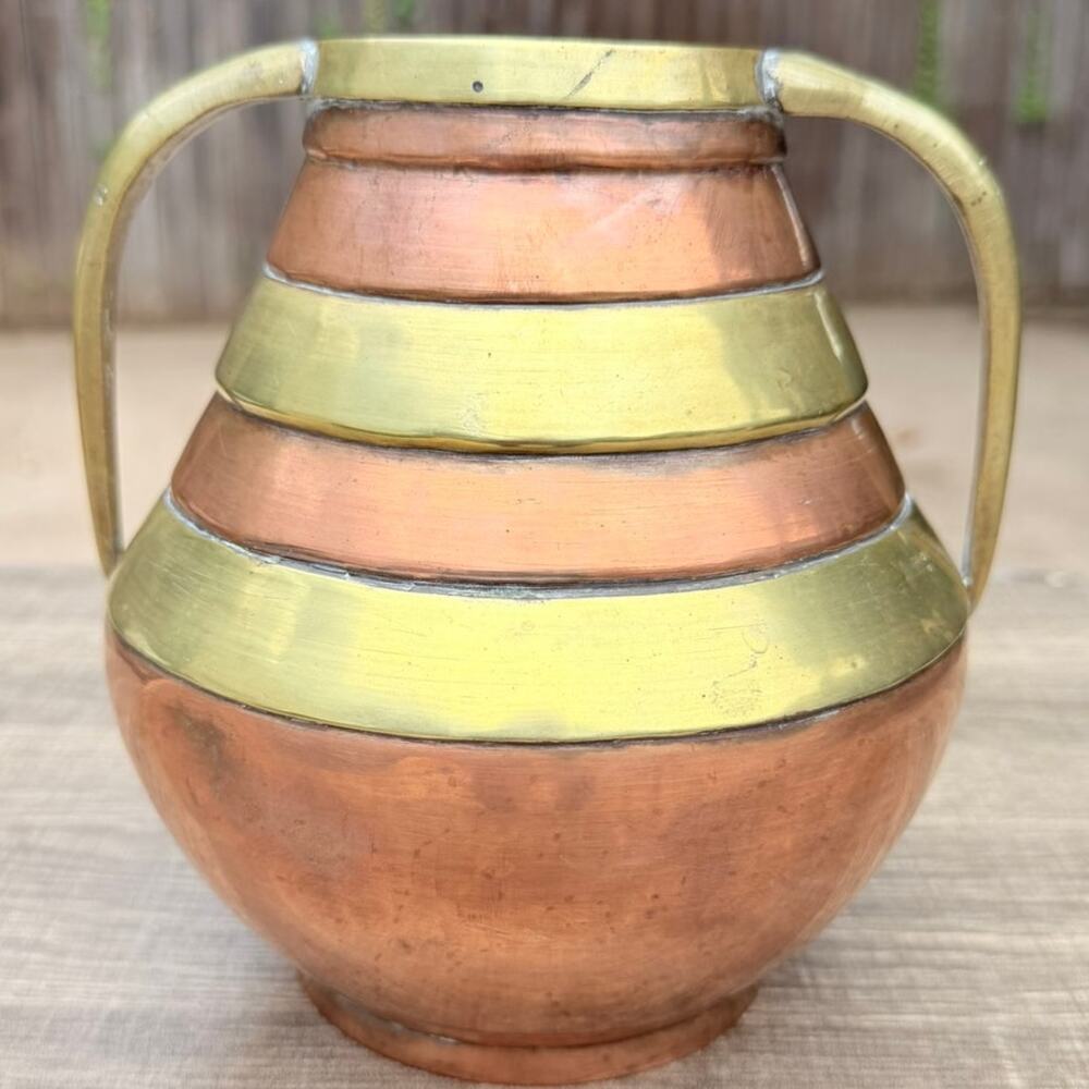 Vintage Hand Hammered Copper Brass Two Handle Vase Jardiniere 7" Made in China - Picture 4 of 7